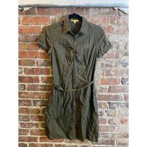 LOLË • Army Green Linen Cotton Blend Short Sleeve Belt Buttoned Utility Fashion